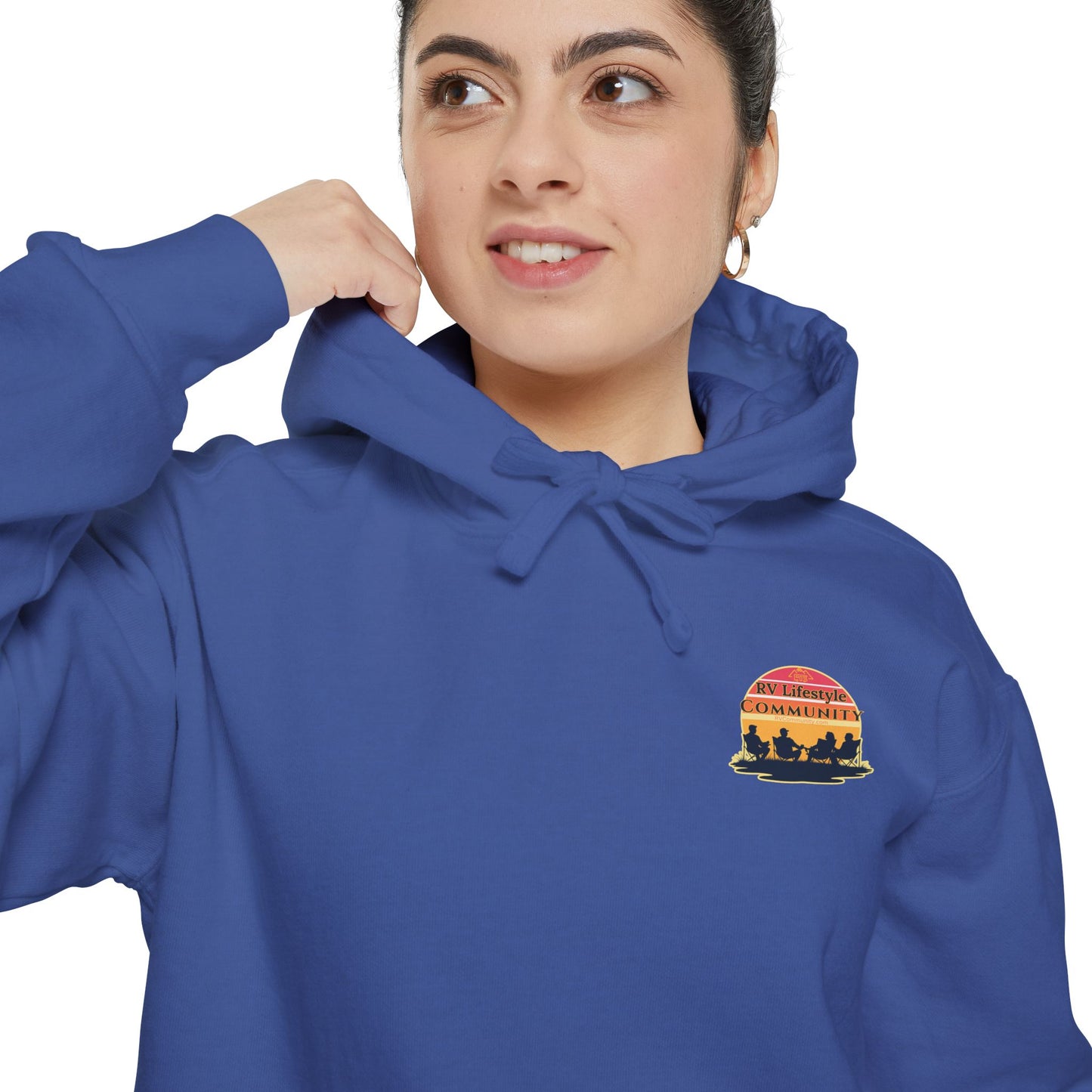 RV Lifestyle Community (front) Roam Explore Camp (back) Sweatshirt