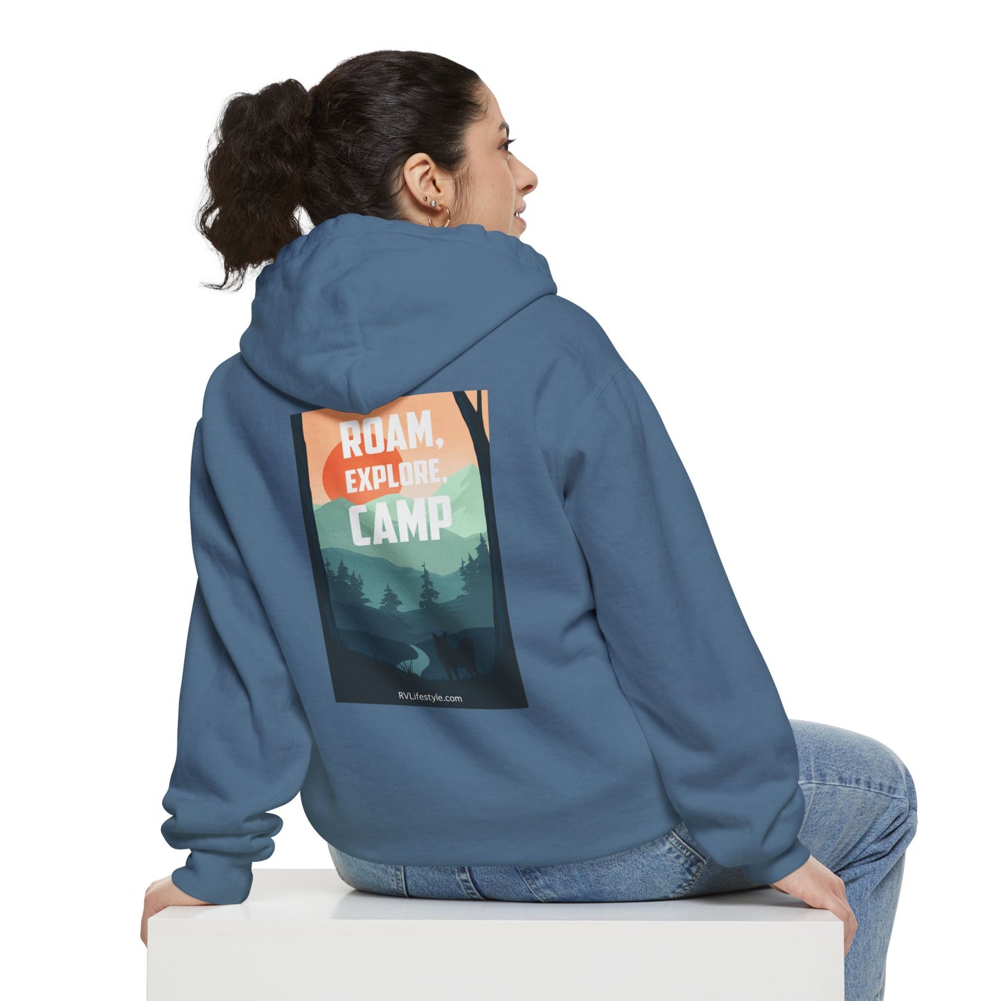 RV Lifestyle Community (front) Roam Explore Camp (back) Sweatshirt