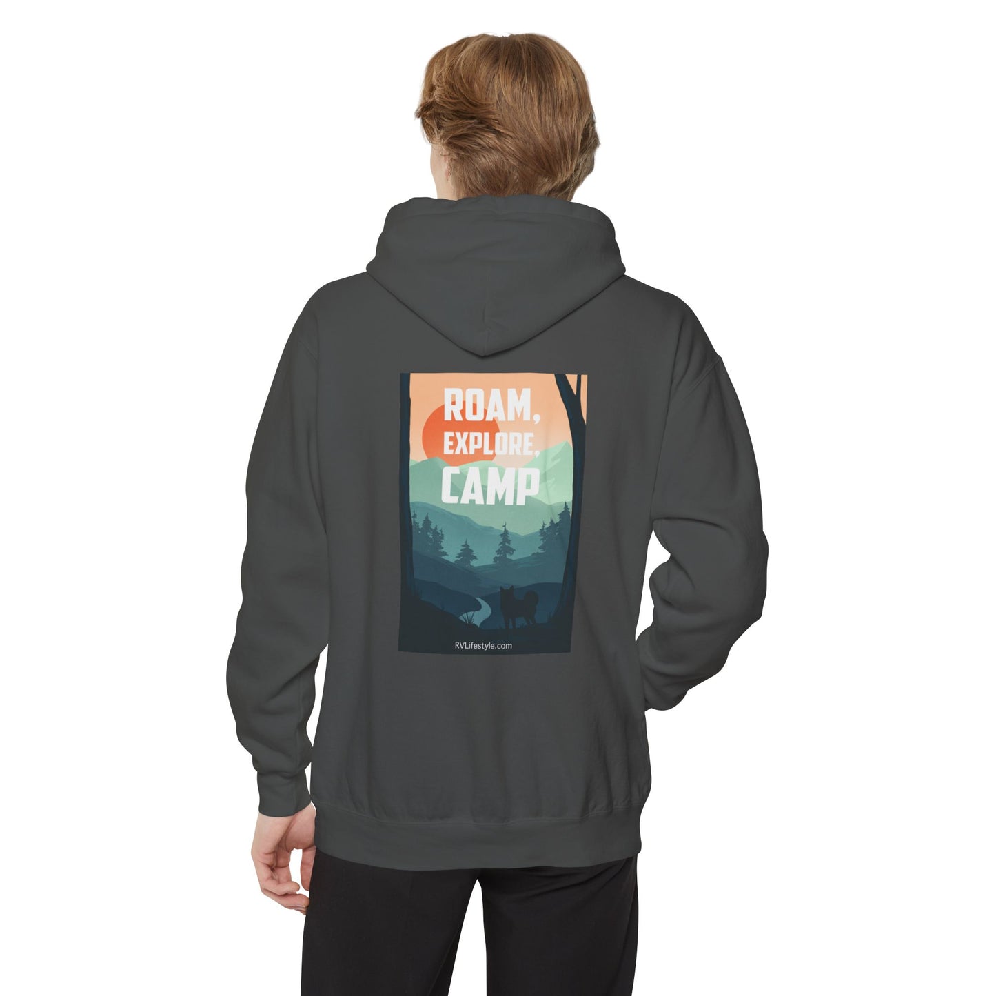 RV Lifestyle Community (front) Roam Explore Camp (back) Sweatshirt