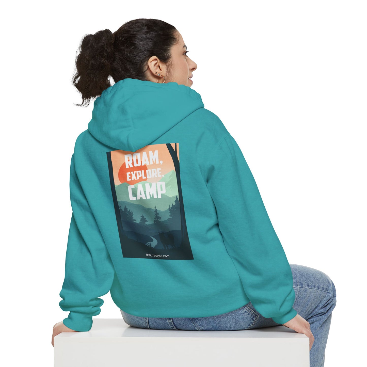 RV Lifestyle Community (front) Roam Explore Camp (back) Sweatshirt