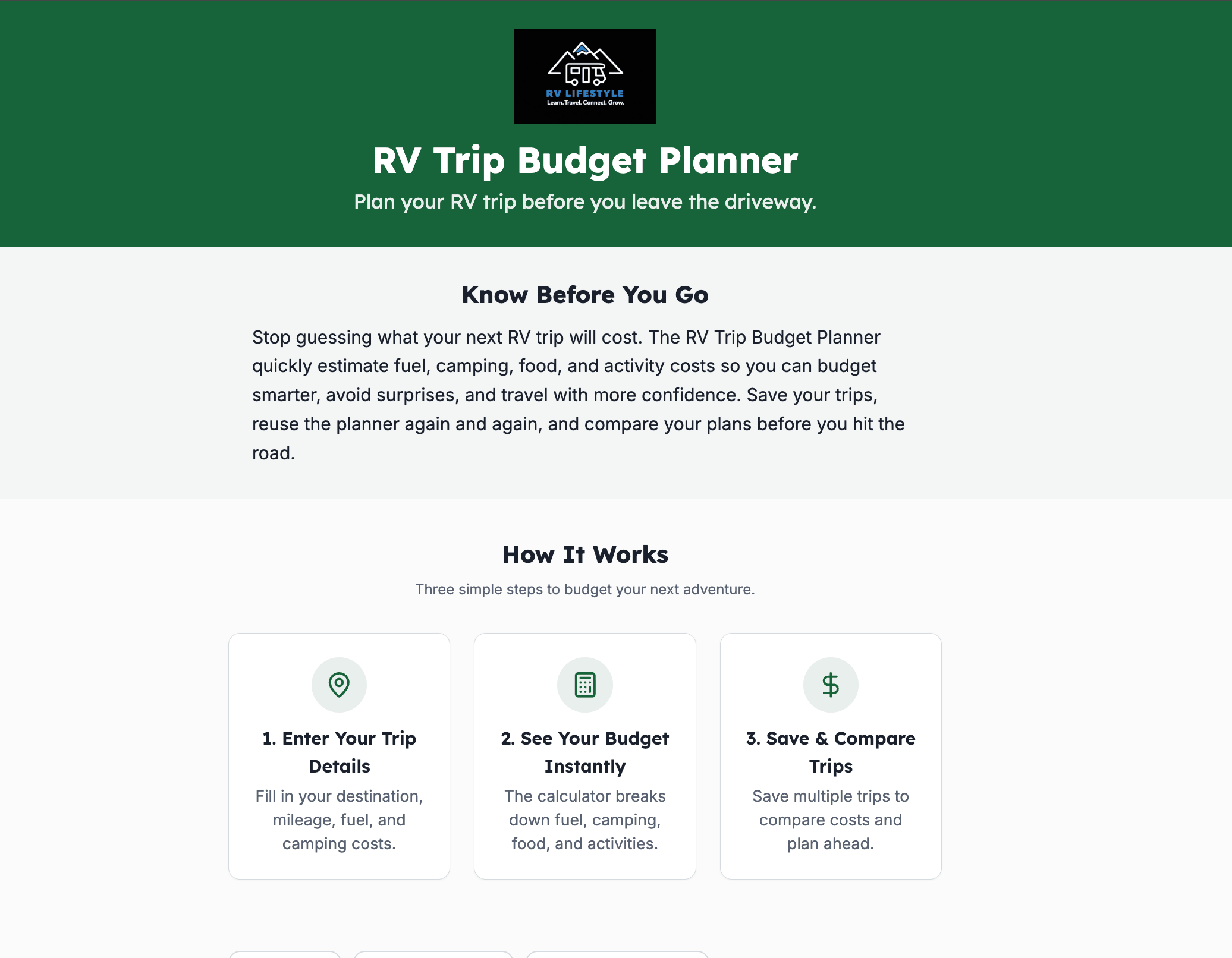 RV Trip Budget Planner - Web App for RV Travel Expense Tracking and Trip Cost Management, Instant Access