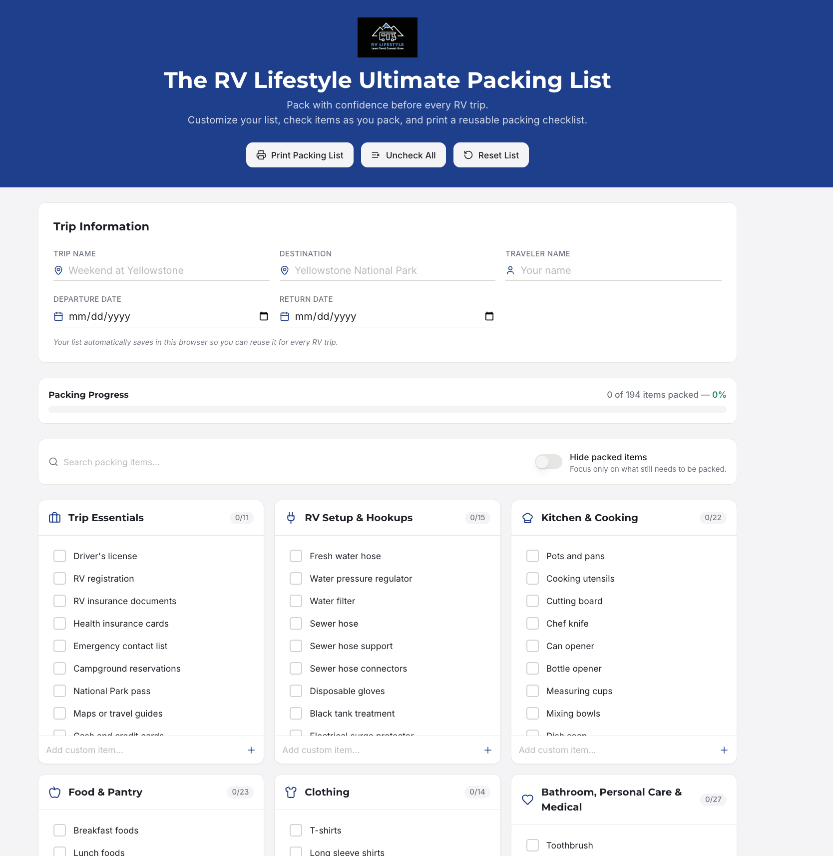 RV Lifestyle Ultimate Packing List Tool - Web App for RV Trip Packing, Customizable by Category, Instant Access
