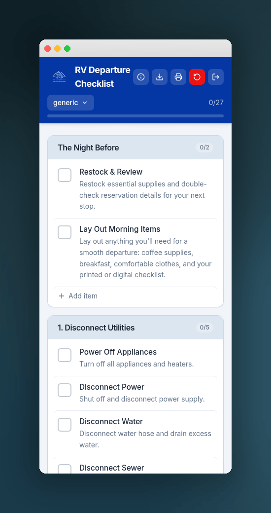 App Companion to The Ultimate RV Departure Day Checklist