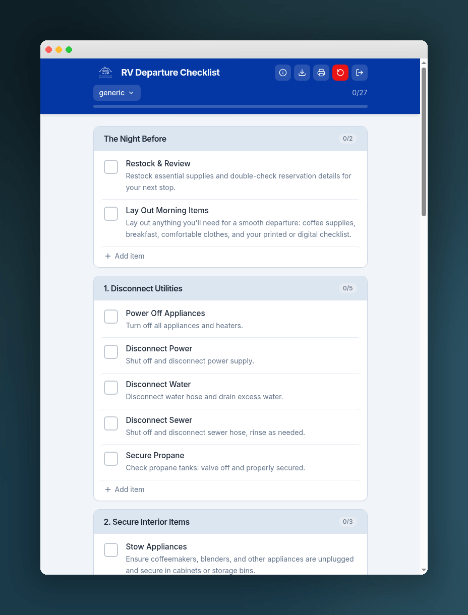 App Companion to The Ultimate RV Departure Day Checklist