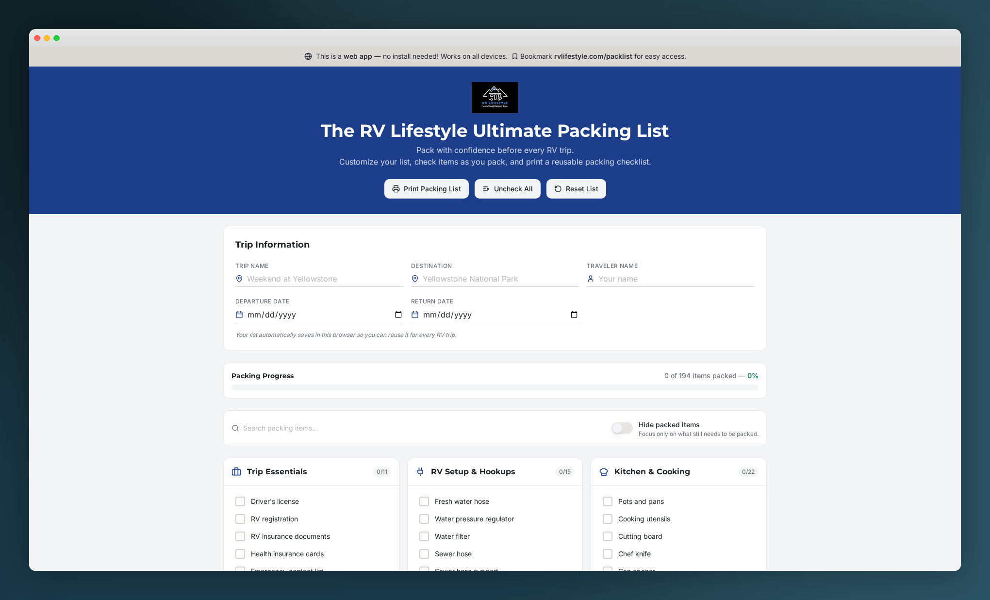 RV Lifestyle Ultimate Packing List Tool - Web App for RV Trip Packing, Customizable by Category, Instant Access