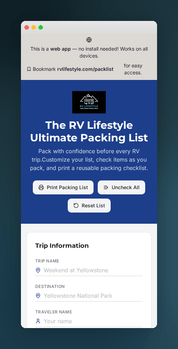 RV Lifestyle Ultimate Packing List Tool - Web App for RV Trip Packing, Customizable by Category, Instant Access