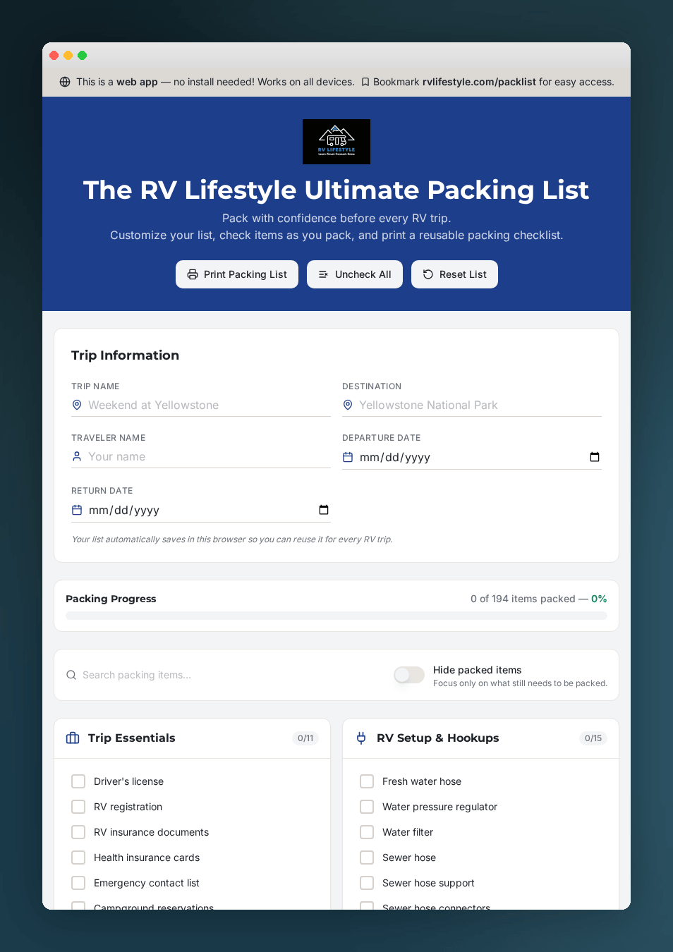 RV Lifestyle Ultimate Packing List Tool - Web App for RV Trip Packing, Customizable by Category, Instant Access