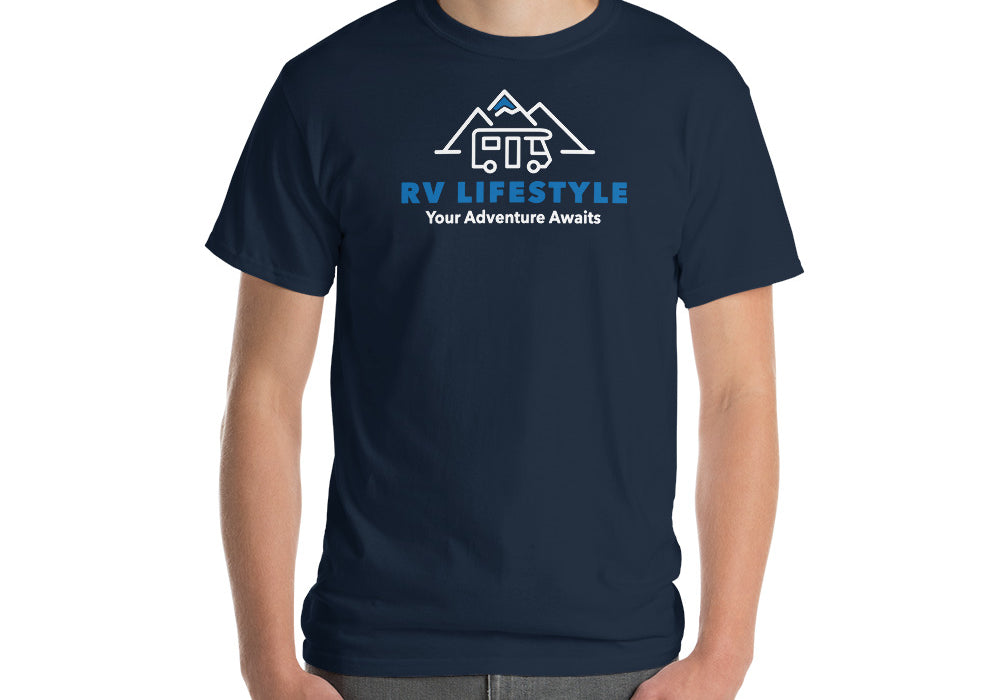 RV Lifestyle Your Adventure Awaits Men’s Short Sleeve T-Shirt - Black, Navy