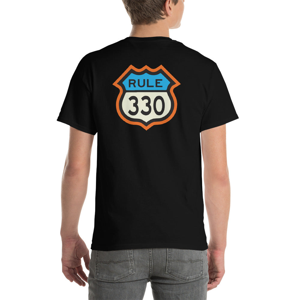RV Lifestyle on the Front and 330 Rule on the Back! Men and Women Short-Sleeve T-Shirt - White, Black, Navy, Sand, Ash