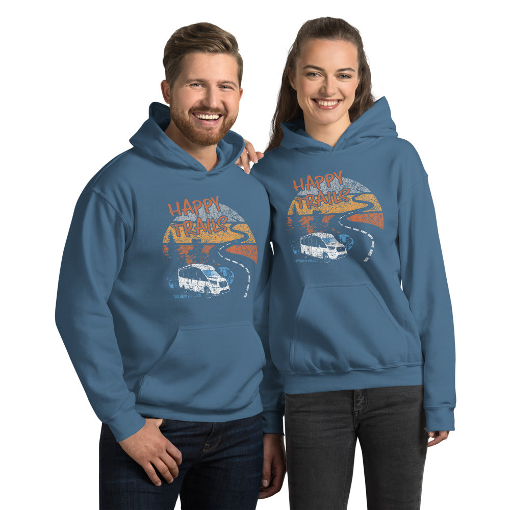 Happy Trails Men and Women's RV Lifestyle Hoodie - Black, Navy, Dark Heather, Indigo Blue