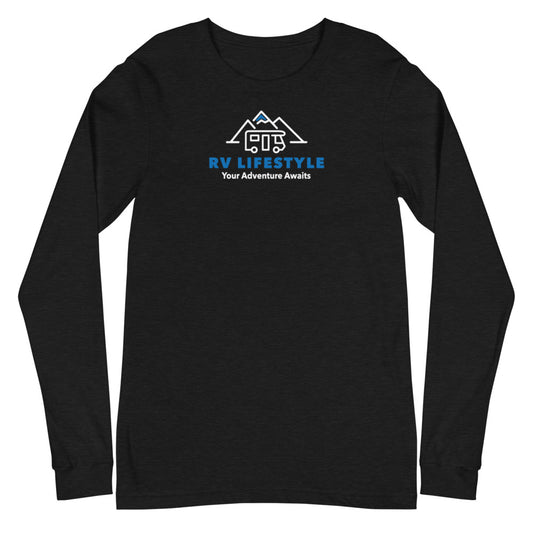 RV Lifestyle Logo Men and Women's Long Sleeve Tee - SOFTER - Black Heather, Black, Navy, Dark Grey Heather, Heather Deep Teal